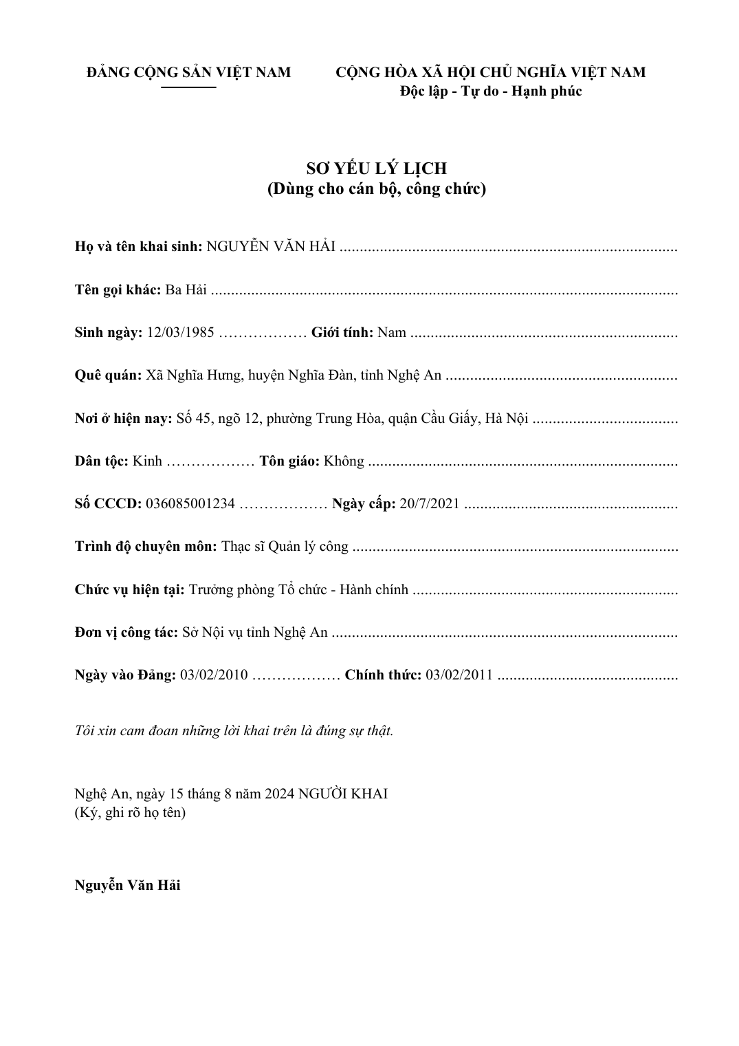 Sơ yếu lý lịch - File Word kết quả